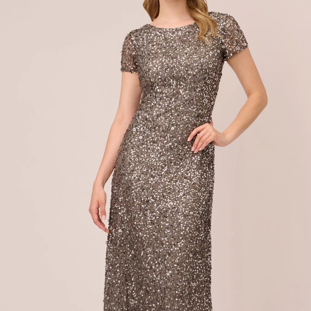 Adrianna Papell SCOOP BACK COWL SEQUIN GOWN IN LEAD